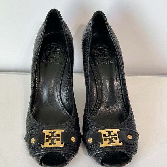 Tory Burch Carnell Open Toe Navy Wedge Heels Gold Logo Size 7 - Picture 3 of 10